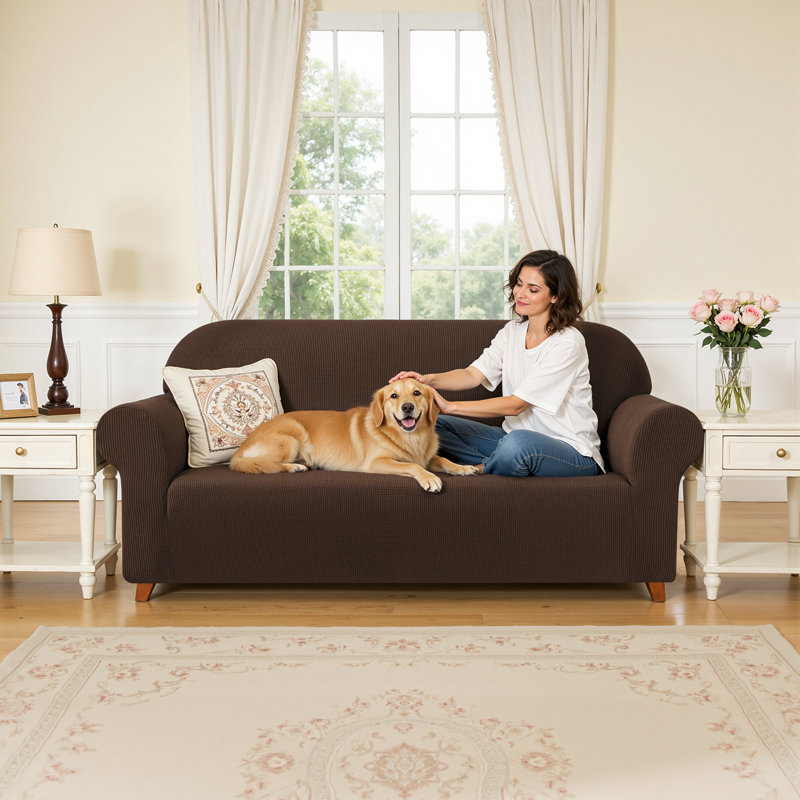 Housse de canapé 1 pièce en jacquard extensible, housses de canapé en spandex de polyester, housse de protection pour meubles de salon universelle pour animaux de compagnie lavables à la machine, housses de canapé antidérapantes pour canapé à 2 coussins (causeuse, chocolat)