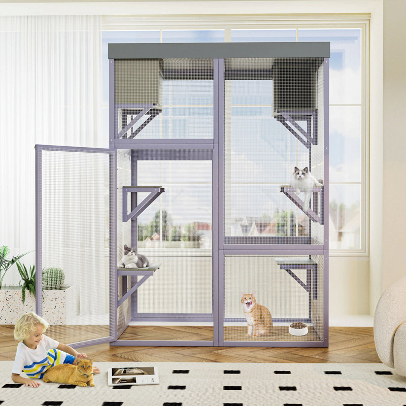 Enceinte d'extérieur multifonctionnelle en bois pour chat, 4 plateformes et 2 maisons pour faire la sieste, 2 serrures robustes, conception de coin arrondi, cage intérieure spacieuse pour les chats