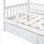 Lit plateforme classique en bois massif blanc, lit simple pour chambre d'enfant avec deux tiroirs de rangement-129380527-129380525