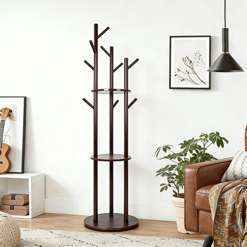 Rotating Wooden Coat Rack With Shelves, 64.8" H Freestanding Hall Tree