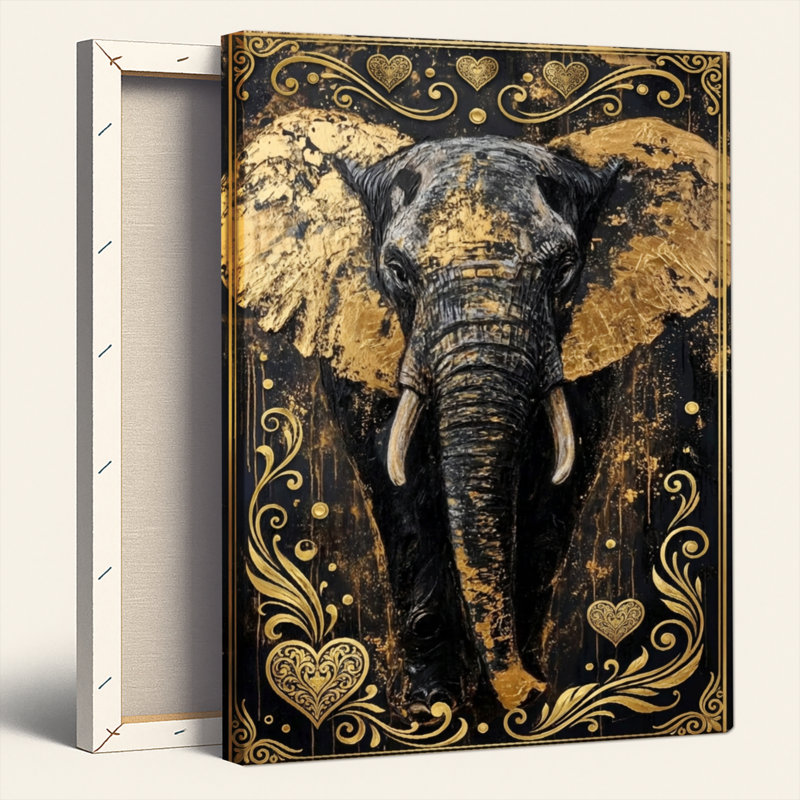 Golden Elephant Canvas Wall Art Oil Painting Print Set Of 1, 48"H x 36"W, Wrapped Canvas