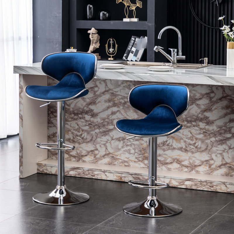 Velours bleu rembourré pivotant de 2 - base en métal chromé robuste à 360 degrés de hauteur de siège ajustable, Bleu