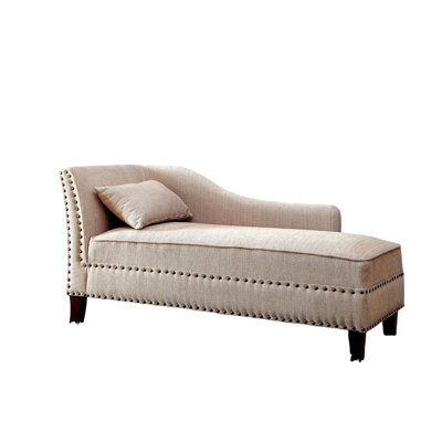 Modern Style Beige Fabric Chaise With Wood And Nailhead Details, Pillow Included, 61"W X 25"D 31 1/2"H, Comfort Mid - Century Decor, Added, Simple Assembly, For Primary Area