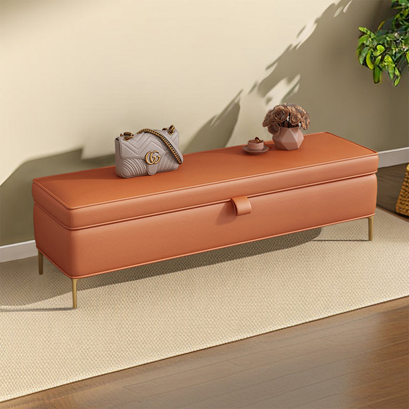 Orange Modern Solid Wood Upholstered  Bedroom and Entryway Long Storage Bench, Orange