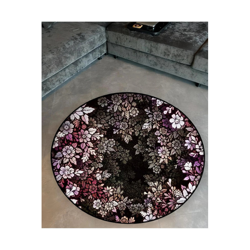 Dark Ground White Pink Flowers Patterned Woven Base Decorative Carpet, Round 5'