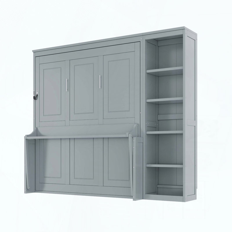 Lit escamotable double avec bureau et tablettes, Gris, Double