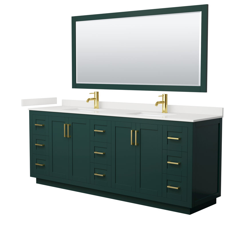 Ensemble de meuble-lavabo double autoportant 84 po avec plateau en quartz Miranda, Quartz blanc, Vert, Or brossé