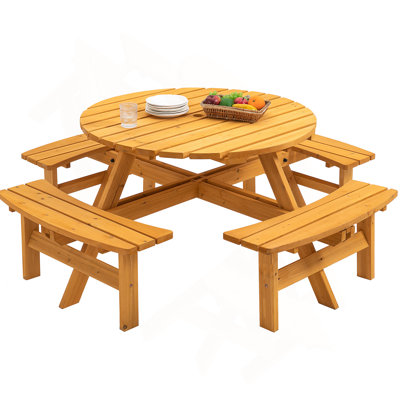 8 Person Wooden Picnic Table, Outdoor Camping Dining Table With Seat, Garden, DIY W/ 4 Built-In Benches, 2220Lb Capacity - Natural