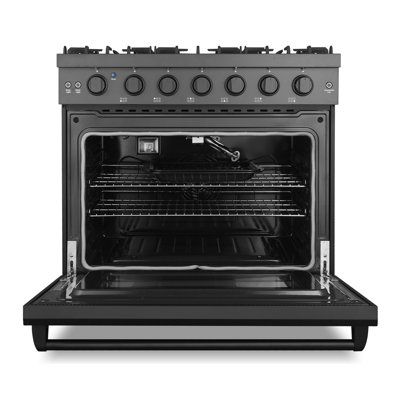 Cosmo 36 po Collection Haven Pi. Cuisinière à gaz, 6 brûleurs, four à convection, boutons à DEL, tiroir de rangement, noir mat
