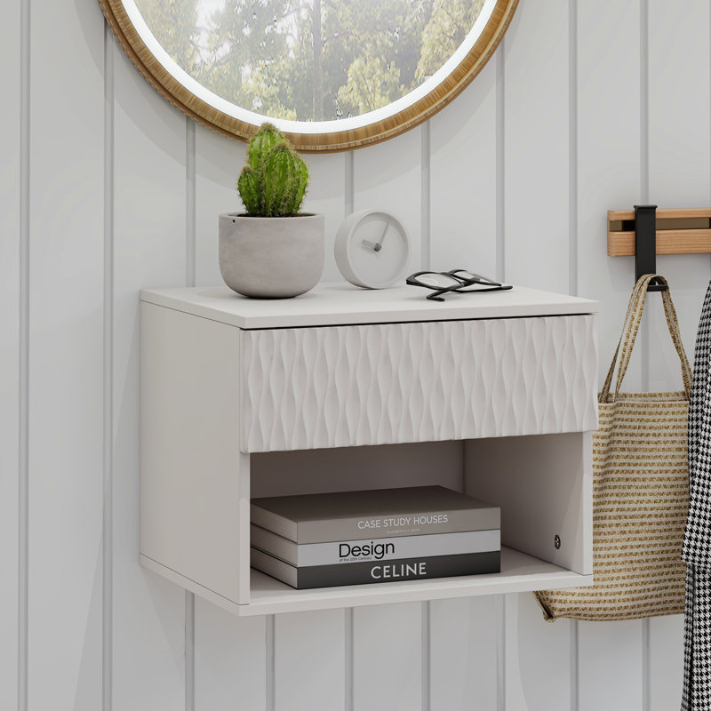 Ensemble de 2 tables de chevet avec armoire à tiroirs murale moderne: tablette ouverte, rails à 3 niveaux, conception sculptée, anti-vacillement, bricolage, pour chambre / salon / bureau