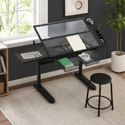 Table à dessin réglable à manivelle, noire, avec 2 tiroirs en métal et tabouret