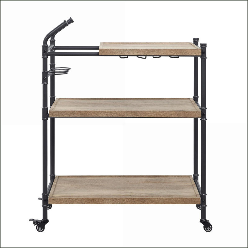 Brantley Oak &amp; Sandy Black Serving Cart with 3 Tier Shelves, Metal Wheels | Oak,Sand | Metal,Synthetic Wood