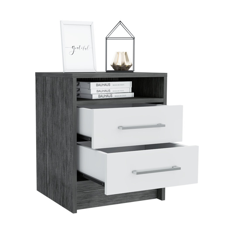Nightstand, Two Drawers, Concealed Shelf, Smoke/White