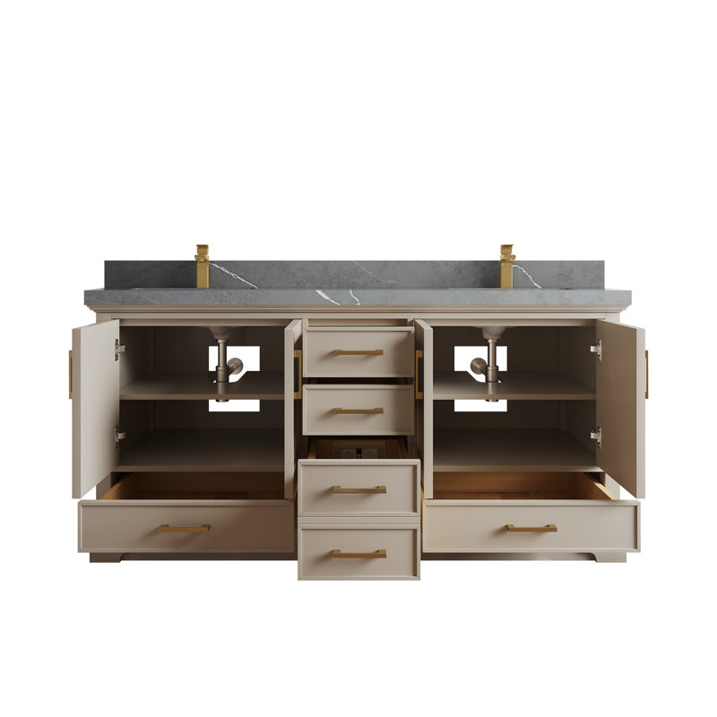 Meuble-lavabo double 72 po avec plateau Charlotte, Gris Piatra