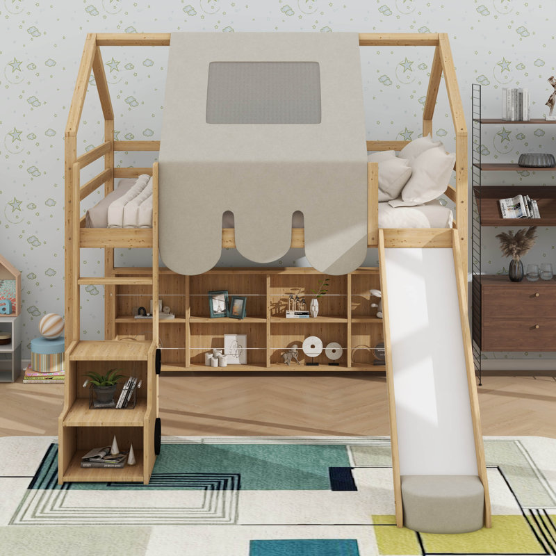 Lit mezzanine en bois avec cadre en forme de maison et auvent de style tente, Naturel / Beige, Lit double