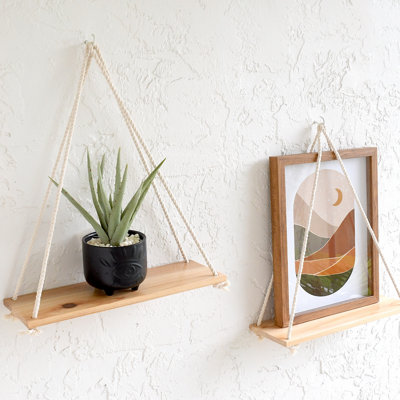 Set of 2 Hanging Floating Wall Shelves, Solid Pine Wood, Boho Macramé Rope