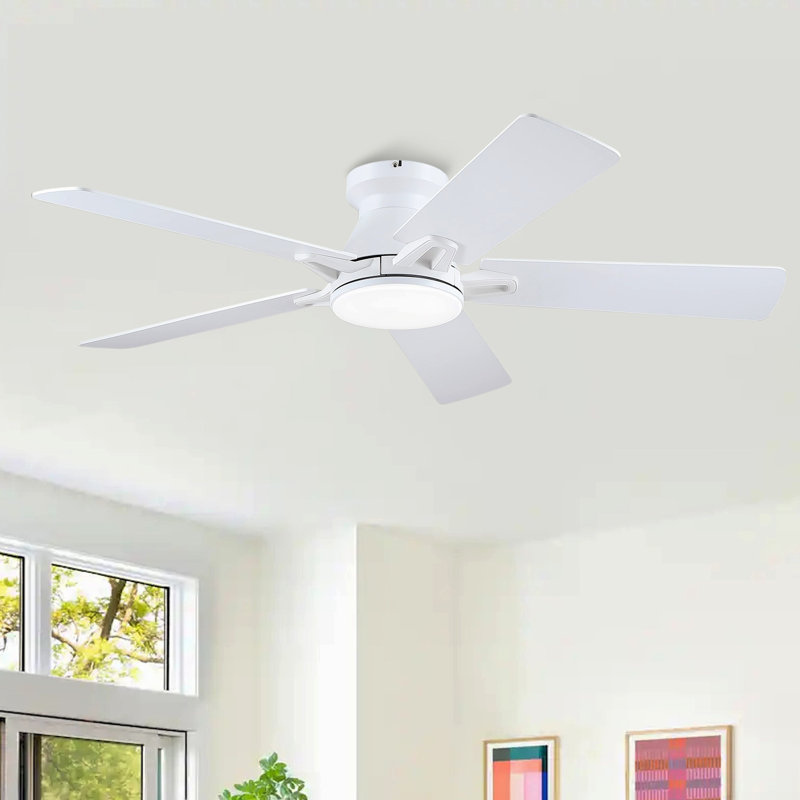 Ventilateur de plafond 52 po à 5 pales blanc avec ensemble d'éclairage DEL et télécommande, Blanc, 52"
