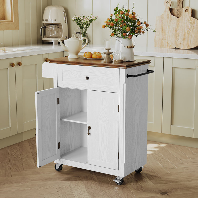 Rolling Kitchen Island with Storage Drawer, Portable Kitchen Cart on Wheels with Solid Wood Veneer, White