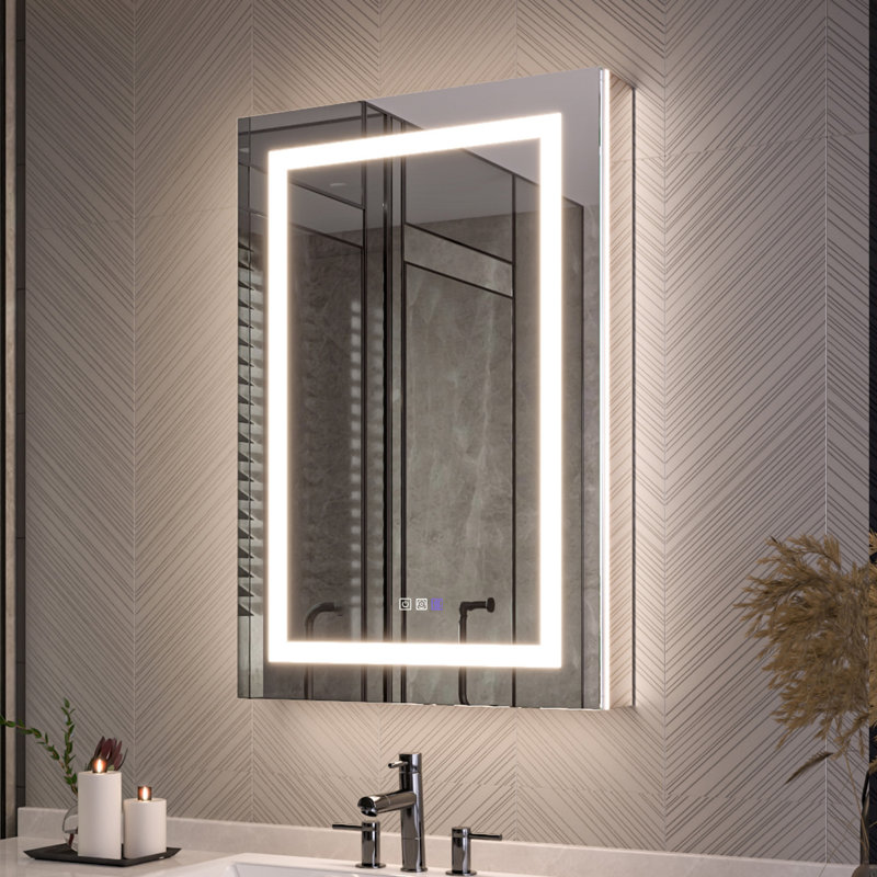 Pharmacie à DEL intelligente 24 po x 36 po avec miroir, avant et rétroéclairé, anti-buée, prise GFCI 1800 W et USB, fermeture en douceur, miroir grossissant 5X, tablettes en verre réglables, montage encastré / en surface