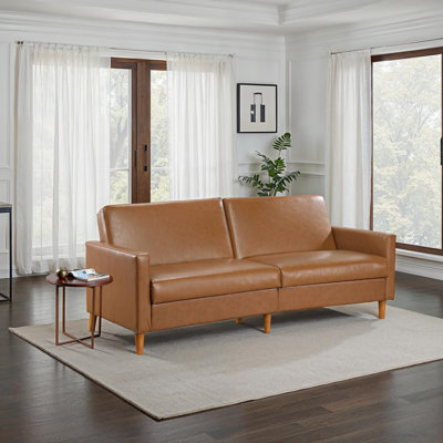 Mosely 79" Modern Faux Leather Convertible Sofa Bed with Drop-Down Back, Solid Wood Legs & High-Density Pocket Coil Comfort