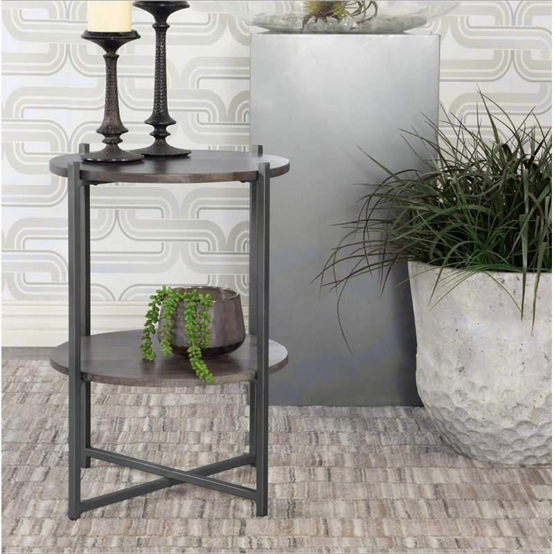 Table d'appoint naturelle et bronze industriel avec tablette inférieure