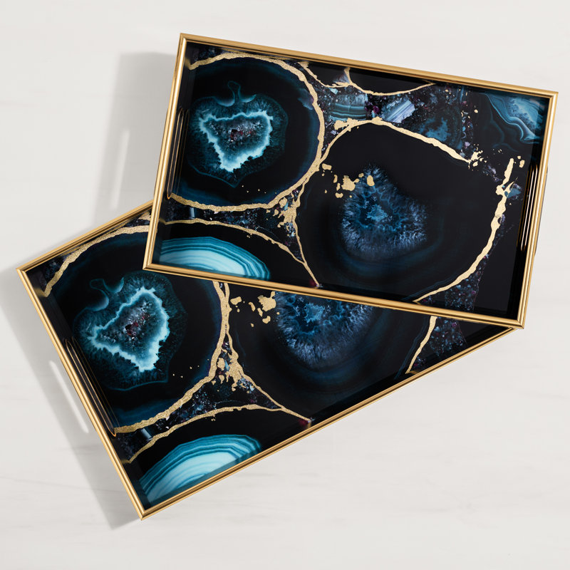Savoy Stackable Serving and Display Trays with Glass Top, Set of 2 (Agate Pattern)
