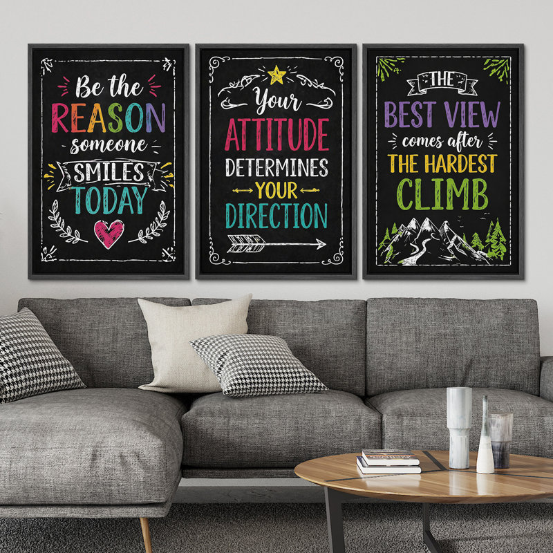 Œuvre d'art positive affirmative, décoration murale inspirée de style tableau noir coloré, impression d'art mural encadrée sur toile, 3 pièces