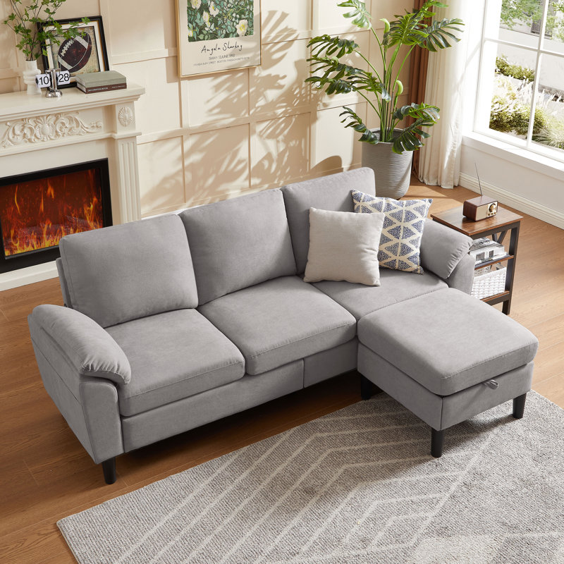 Canapé modulaire réversible avec repose-pieds de rangement 79,5 po, Mélange de lin gris clair