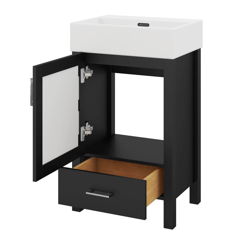 Meuble-lavabo de 20 po avec lavabo en céramique épais robuste, meuble-lavabo autoportant avec 1 grand tiroir et 1 porte à fermeture en douceur