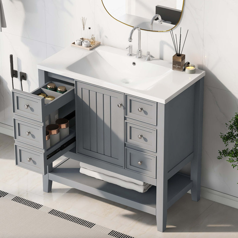 Meuble-lavabo 36 po avec lavabo, une armoire et trois tiroirs, panneau de bois massif et panneau de fibres à densité moyenne