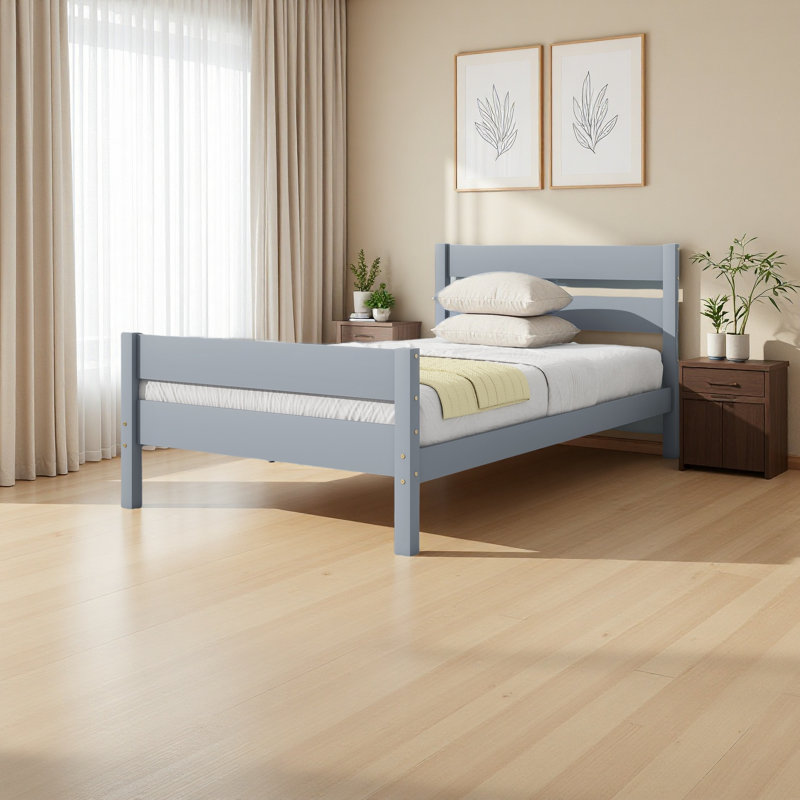 Lit simple avec tête et pied de lit, lit en bois d'hévéa, Gris