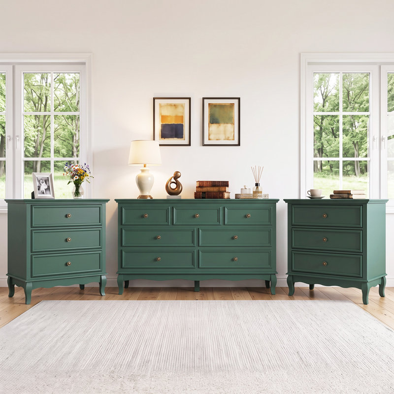 Ensemble de commode 3 pièces avec commode 7 tiroirs et 2 commodes 3 tiroirs, vert, Green