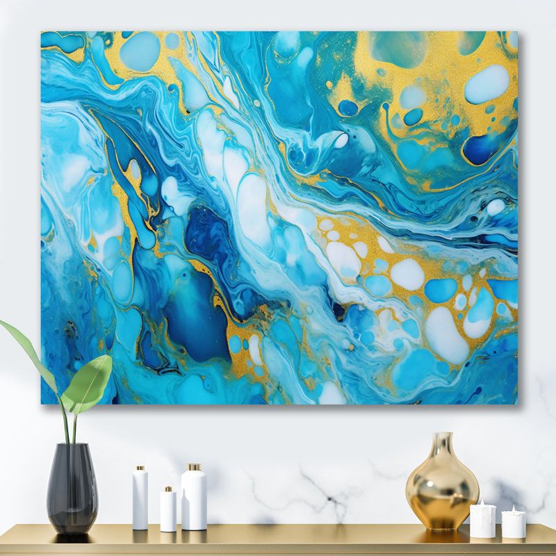 «Turquoise Luxury Abstract Fluid Art X», reproduction d'art sur toile, H 12 po x l 20 po x P 1 po, Toile tendue