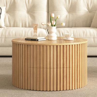 Fluted Design Round Lift-Top Wood Coffee Table With Drawer