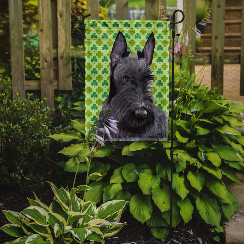 Drapeau de jardin à 2 côtés st. patrick day trèfle, Scottish-terrier (gris et noir)