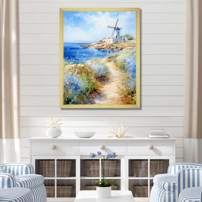 «Blue Windmills Beach Landscape - Coastal Windmill», art mural, Encadrement doré, H 20 po x l 12 po x P 1 po