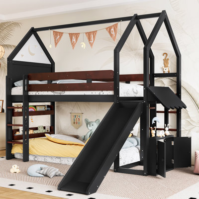 Structure de lit mezzanine simple pour enfant avec glissade, lit mezzanine simple en bois de pin massif avec maisonnette sous le lit, bibliothèque, garde-corps de sécurité, échelle pour adolescents, garçons, noir