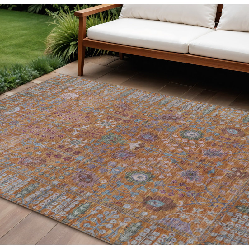 Tapis intérieur/extérieur lavable à motifs floraux orange et vert, 3 m x 4,2 m