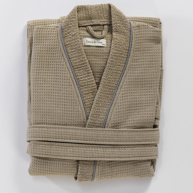 Hammd 100% Cotton Waffle Gender Neutral Mid-Calf Bathrobe with Pockets, Taupe,  L/XL