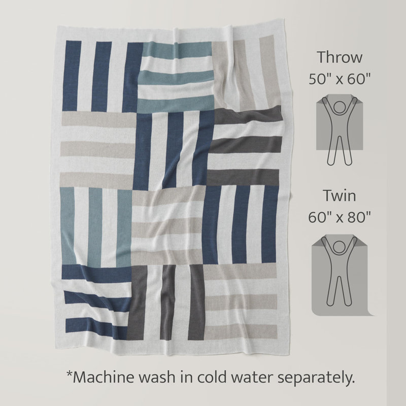 Double Stitch 100% Cotton Soft Knit Throw for Couch Geometric Pattern, Blue Striped, Throw