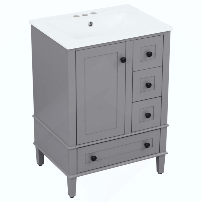 Meuble-lavabo de salle de bain avec lavabo intégré en céramique, avec tablette à double couche, tiroirs à fermeture en douceur et porte d'armoire à fermeture en douceur.
