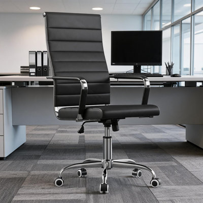 Ergonomic Mid-Back Executive Office Chair, Ribbed PU Leather Conference Task Chair with Arms, Adjustable Swivel Seating for Home & Office, Black