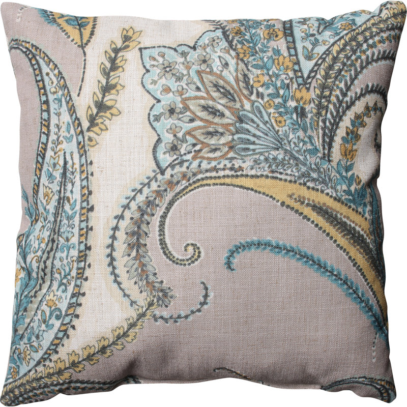 Paisley Embroidered Beige and Blue Square Throw Pillow