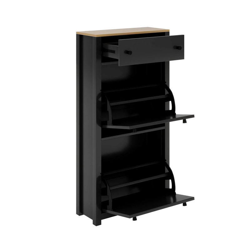 Armoire à chaussures moderne étroite avec 2 tiroirs rabattables, panneau réglable, Noir