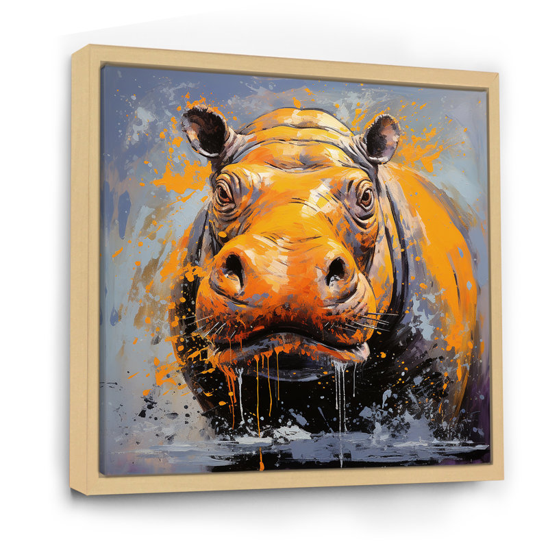 Art mural jaune hippopotame jaune - Hippopotame, Cadre flottant brun, H 16 po x l 16 po x P 1 po