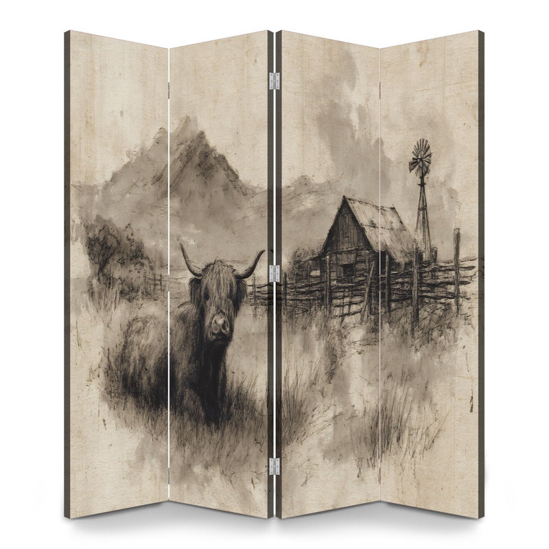 Paravent rustique 4 panneaux paravent Royal Vintage Western Farm Scène Highland Cow, 4, H 71 po x l 64 po x P 1 po