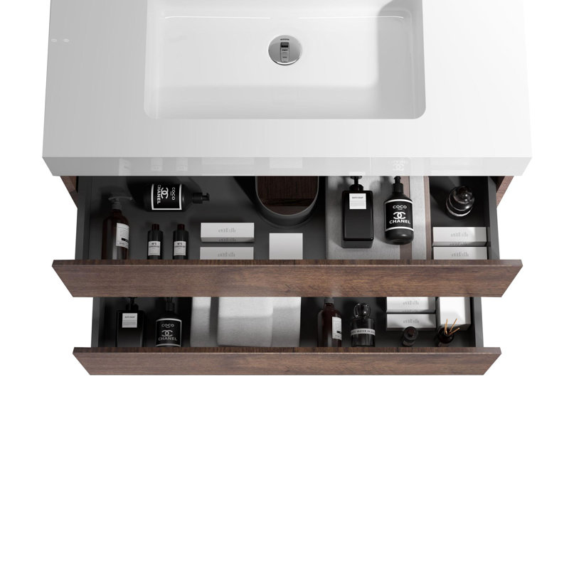 Meuble-lavabo moderne avec lavabo, Noyer, Blanc