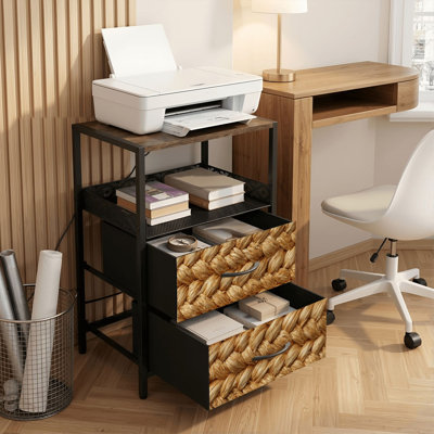 Table de chevet 2 tiroirs avec station de charge, table de chevet pour chambre avec ports USB et amp; Outlets, tablette ouverte noire, table de chevet avec tapis jacinthe d'eau