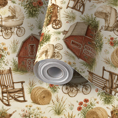 Peel and Stick Wallpaper Contact Paper Rustic Farmhouse Red Barn Rocking Chair Self Adhesive and Removable 24in x 118in(60x300cm)