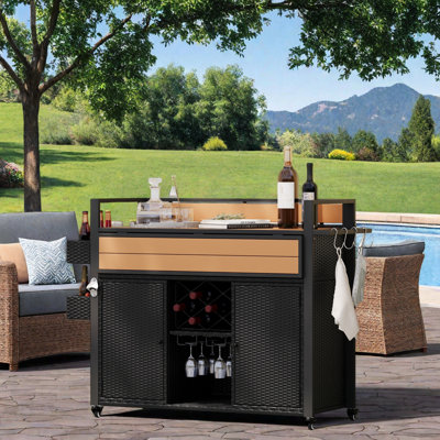 Outdoor Grill Cart With Storage, Rattan & Steel Bbq Table With Drop Leaf, 7 Shelves, Wine Rack, Glass Holder, Spice Racks & Lockable Wheels, Multi-Purpose Kitchen Island